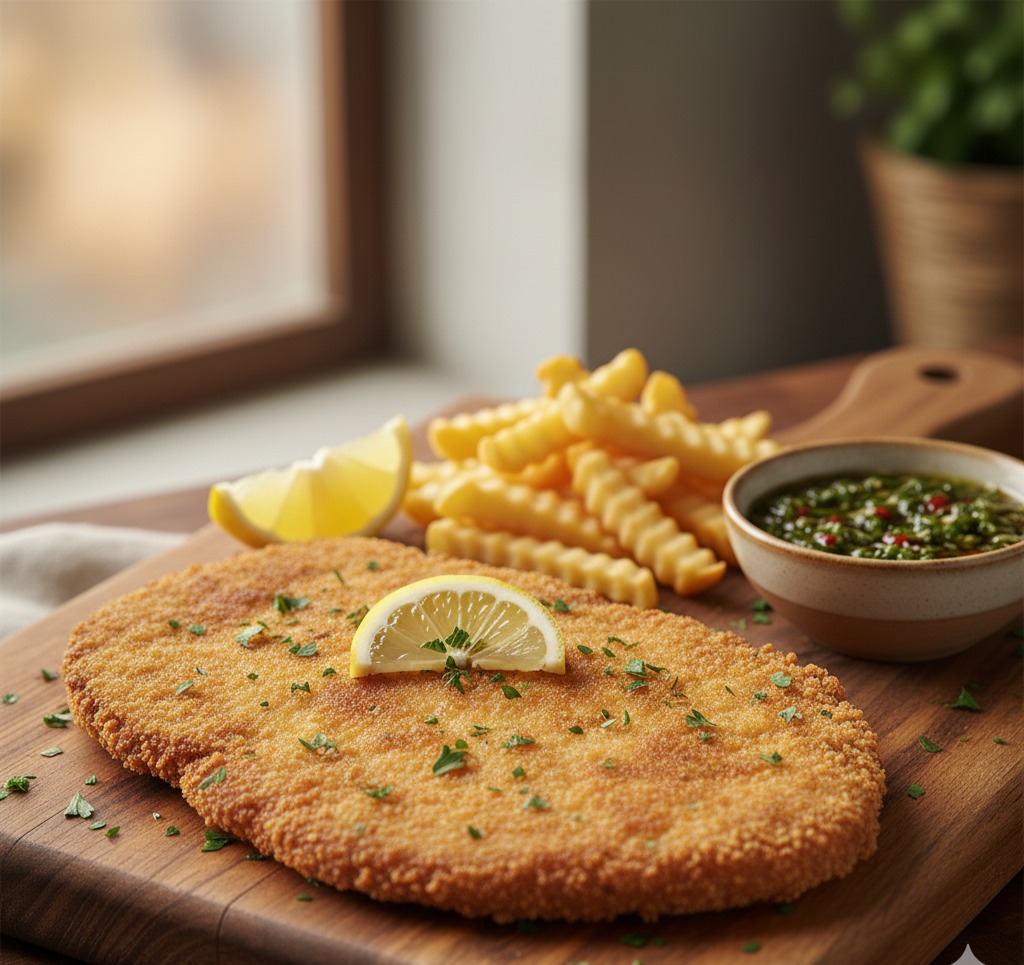 Milanesa de cerdo empanizada con papas fritas y salsa